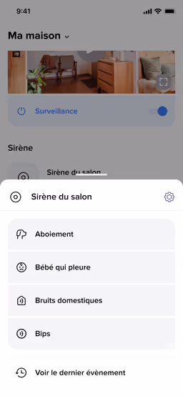 Interface mobile de l'application de sécurité montrant le statut de la maison